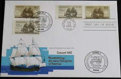 DEUTSCHLAND 1983 Mi-Nr. 1180 mit USA MI-Nr. 1628 auf FDC Stempel Germantown und Bonn