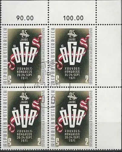 ÖSTERREICH 1971 Mi-Nr. 1369 Eckrand-Viererblock o used - aus Abo