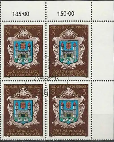 ÖSTERREICH 1977 Mi-Nr. 1552 Eckrand-Viererblock o used - aus Abo