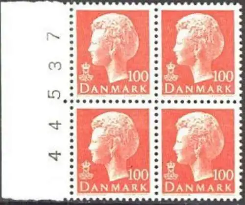 DÄNEMARK 1976 Mi-Nr. 624y Viererblock mit Bogennummer ** MNH