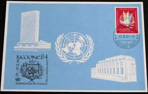 UNO GENF 1984 Mi-Nr. 136 Blaue Karte - blue card mit Erinnerungsstempel RICCIONE