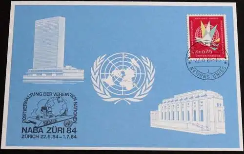 UNO GENF 1984 Mi-Nr. 135 Blaue Karte - blue card mit Erinnerungsstempel NABA ZÜRI 84 ZÜRICH