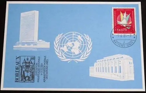 UNO GENF 1984 Mi-Nr. 134 Blaue Karte - blue card mit Erinnerungsstempel BORDEAUX