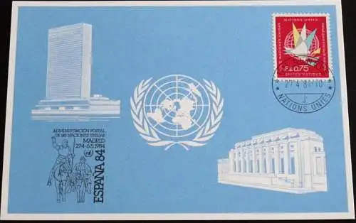 UNO GENF 1984 Mi-Nr. 133 Blaue Karte - blue card mit Erinnerungsstempel ESPANA 84 MADRID