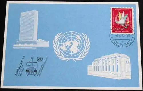UNO GENF 1984 Mi-Nr. 132 Blaue Karte - blue card mit Erinnerungsstempel FERPHILEX 84 MONTREUX
