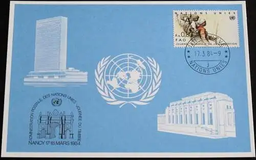 UNO GENF 1984 Mi-Nr. 130 Blaue Karte - blue card mit Erinnerungsstempel NANCY