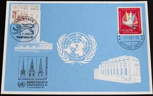 UNO GENF 1983 Mi-Nr. 128 Blaue Karte - blue card mit Erinnerungsstempel KOPENHAGEN