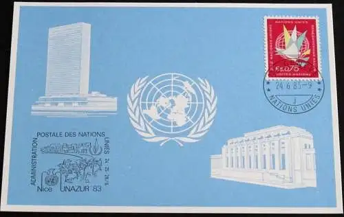 UNO GENF 1983 Mi-Nr. 124 Blaue Karte - blue card mit Erinnerungsstempel UNAZUR 83 NIZZA