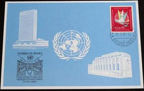 UNO GENF 1983 Mi-Nr. 123 Blaue Karte - blue card mit Erinnerungsstempel TEMBAL 83 BASEL