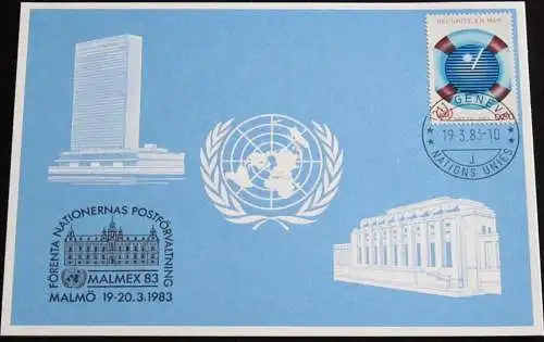 UNO GENF 1983 Mi-Nr. 121 Blaue Karte - blue card mit Erinnerungsstempel MALMEX 82 MALMÖ