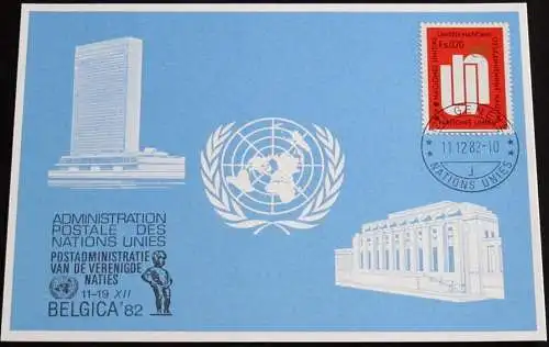 UNO GENF 1982 Mi-Nr. 118 Blaue Karte - blue card mit Erinnerungsstempel BELGICA 82 BRÜSSEL