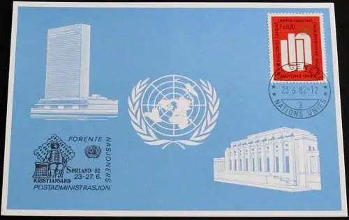 UNO GENF 1982 Mi-Nr. 112 Blaue Karte - blue card mit Erinnerungsstempel SORLAND 82 KRISTIANSAND