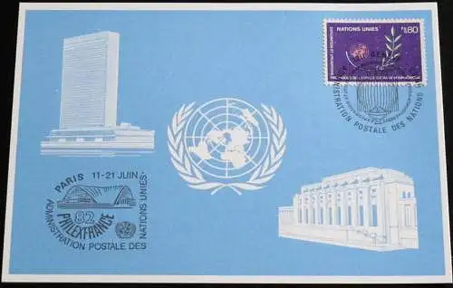 UNO GENF 1982 Mi-Nr. 111 Blaue Karte - blue card mit Erinnerungsstempel PHILEXFRANCE 82 PARIS
