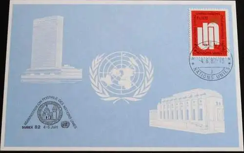 UNO GENF 1982 Mi-Nr. 110 Blaue Karte - blue card mit Erinnerungsstempel SKAREX 82 SKARA