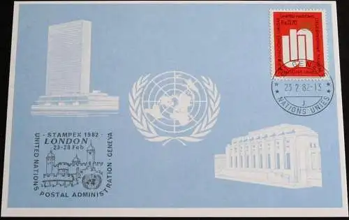 UNO GENF 1982 Mi-Nr. 107 Blaue Karte - blue card mit Erinnerungsstempel STAMPEX 1982 LONDON