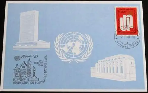 UNO GENF 1981 Mi-Nr. 104 Blaue Karte - blue card mit Erinnerungsstempel JUBILA 81 BIEL