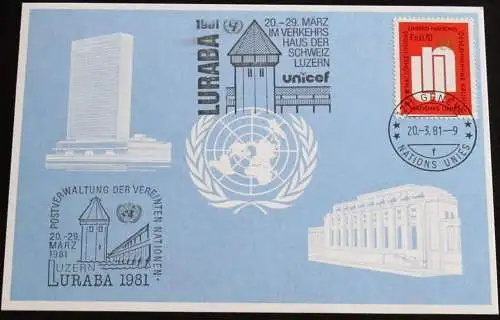 UNO GENF 1981 Mi-Nr. 99 Blaue Karte - blue card mit Erinnerungsstempel UND SONDERSTEMPEL LURABA 1981 LUZERN