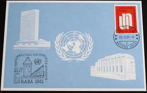 UNO GENF 1981 Mi-Nr. 99 Blaue Karte - blue card mit Erinnerungsstempel LURABA 1981 LUZERN