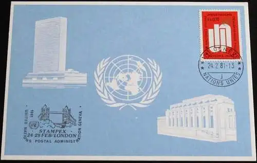 UNO GENF 1981 Mi-Nr. 98 Blaue Karte - blue card mit Erinnerungsstempel LONDON