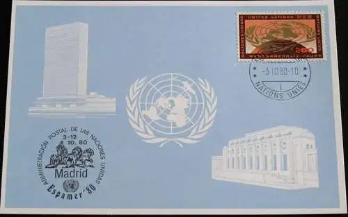 UNO GENF 1980 Mi-Nr. 93 Blaue Karte - blue card mit Erinnerungsstempel ESPAMER 80 MADRID