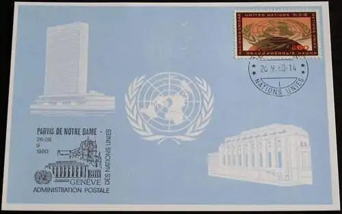 UNO GENF 1980 Mi-Nr. 92 Blaue Karte - blue card mit Erinnerungsstempel GENF