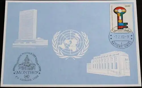 UNO GENF 1980 Mi-Nr. 87 Blaue Karte - blue card mit Erinnerungsstempel MONTHEY