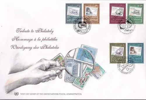 UNO NEW YORK - WIEN - GENF 1997 TRIO-FDC Würdigung der Philatelie