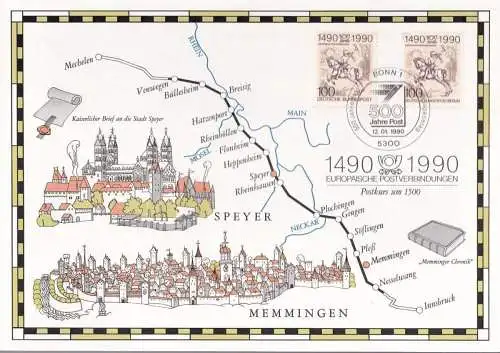 DEUTSCHLAND 1990 Mi-Nr. 1445 und Berlin Mi-Nr. 860 auf Gedenkblatt Europäische Postverbindungen