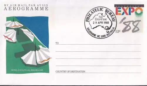 AUSTRALIEN 1988 A86 Aerogramme Luftpostbrief Expo 1988 FDC