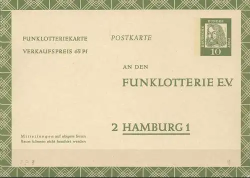 DEUTSCHLAND 1962 Mi-Nr. FP 9 Funklotterie Postkarte ungelaufen siehe scan