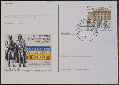 DEUTSCHLAND 1999 GANZSACHE POSTKARTE Int. Briefmarkenbörse Sindelfingen 1999 gestempelt