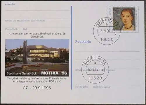 DEUTSCHLAND 1996 GANZSACHE POSTKARTE Int. Briefmarkenbörse Motiva 96 Osnabrück 1996 gestempelt