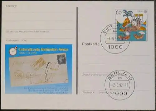 DEUTSCHLAND 1992 GANZSACHE POSTKARTE Briefmarkenmesse Essen 1992 gestempelt