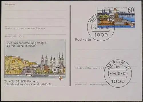 DEUTSCHLAND 2000 GANZSACHE POSTKARTE Briefmarkenausstellung Confluentes 2000 Koblenz 1992 gestempelt