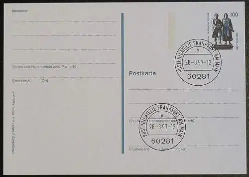 DEUTSCHLAND 1997 GANZSACHE POSTKARTE Goethe Schiller Denkmal P 157 gestempelt