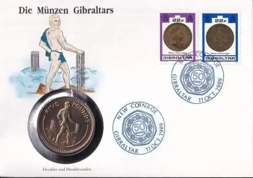 GIBRALTAR 1989 Mi-Nr. 581 + 584 auf Numisbrief mit 5 Pounds Münze