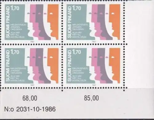 FINNLAND 1987 Mi-Nr. 1016 Eckrand-Viererblock ** MNH