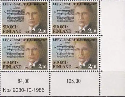 FINNLAND 1987 Mi-Nr. 1014 Eckrand-Viererblock ** MNH