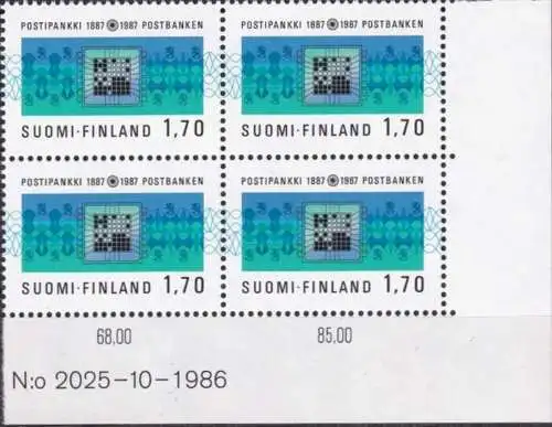 FINNLAND 1987 Mi-Nr. 1009 Eckrand-Viererblock ** MNH