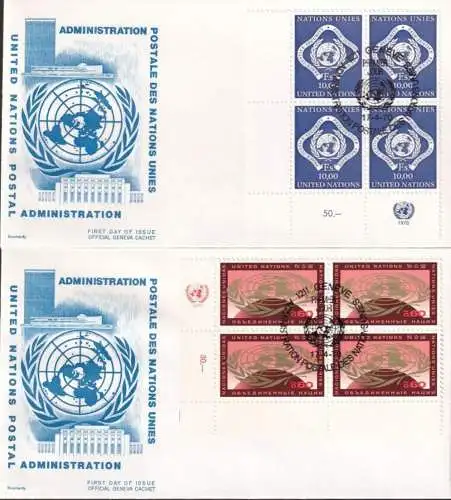 UNO GENF 1970 Mi-Nr. 9/10 Eckrand-Viererblock FDC