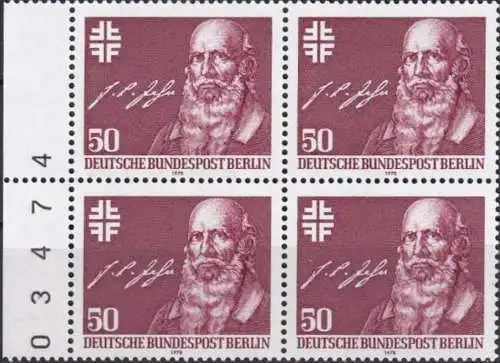 BERLIN 1978 Mi-Nr. 570 Viererblock mit Bogennummer ** MNH