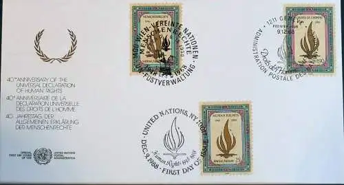 UNO NEW YORK - WIEN - GENF 1988 TRIO-FDC 40 J. Erklärung der Menschenrechte