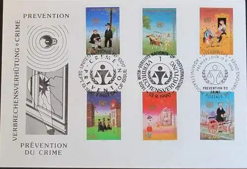 UNO NEW YORK - WIEN - GENF 1990 TRIO-FDC Verbrechensverhütung