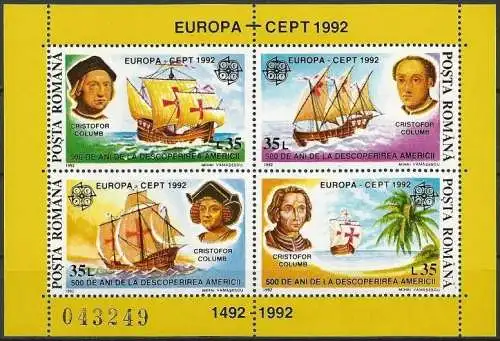 RUMÄNIEN 1992 Mi-Nr. Block 271 ** MNH - CEPT