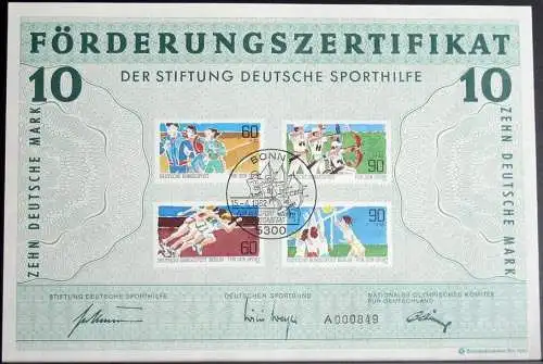 DEUTSCHLAND 1982 Mi-Nr. 1127/28 mit BERLIN Mi-Nr. 664/65 Förderungs-Zertifikat der Stiftung Deutsche Sporthilfe