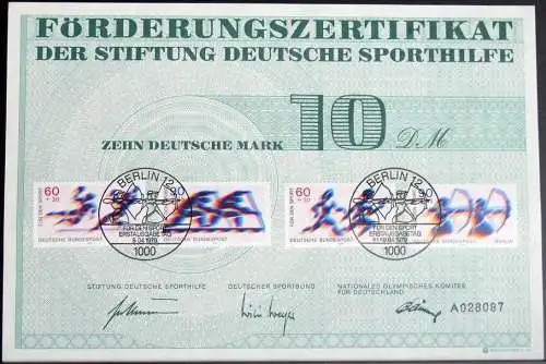 DEUTSCHLAND 1979 Mi-Nr. 1009/10 mit BERLIN Mi-Nr. 596/97/1 Förderungs-Zertifikat der Stiftung Deutsche Sporthilfe