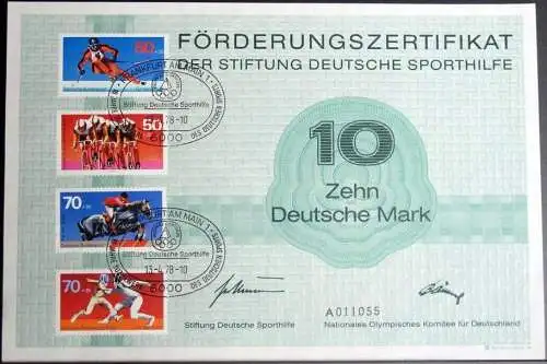 DEUTSCHLAND 1978 Mi-Nr. 958 + 968 mit BERLIN Mi-Nr. 567/68 Förderungs-Zertifikat der Stiftung Deutsche Sporthilfe