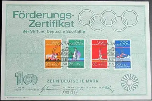 DEUTSCHLAND 1972 Mi-Nr. 719/22 Förderungs-Zertifikat der Stiftung Deutsche Sporthilfe