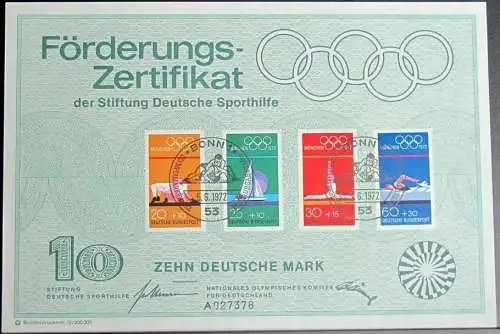 DEUTSCHLAND 1972 Mi-Nr. 719/22 Förderungs-Zertifikat der Stiftung Deutsche Sporthilfe