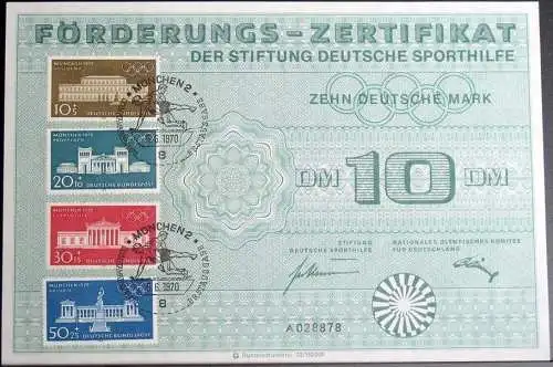 DEUTSCHLAND 1970 Mi-Nr. 624/27 Förderungs-Zertifikat der Stiftung Deutsche Sporthilfe